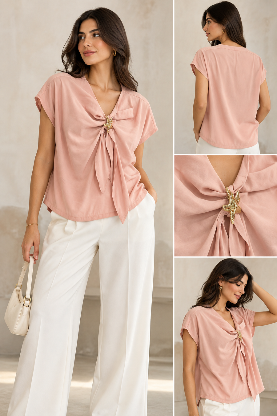 Golden Brooch Draped Blouse