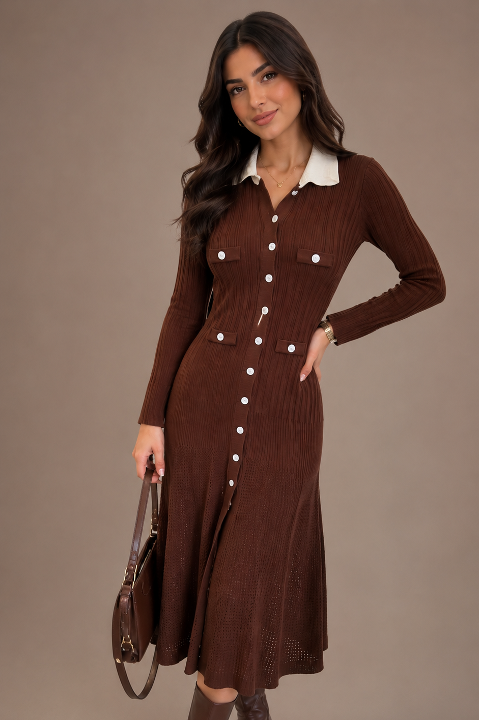 Coffee Knit Midi Dress