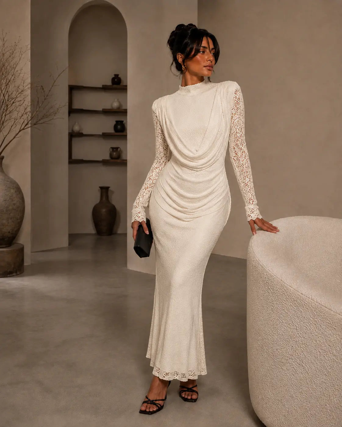 Ivory Lace Drape Maxi Dress